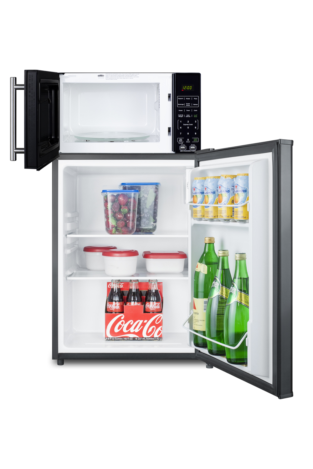 Compact all-refrigerator and microwave in black with allocator and USB ports for 1-plug operation; ships in three boxes on one pallet